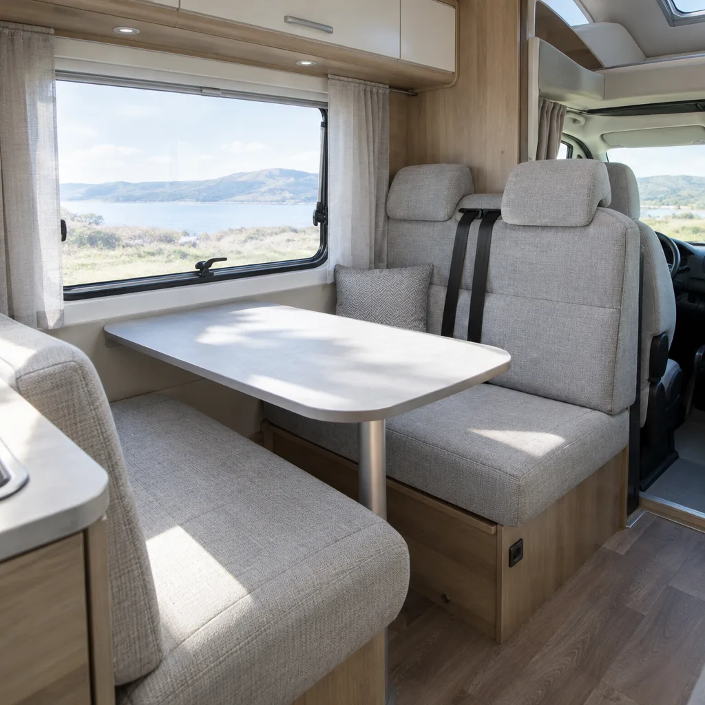 Interno di un camper con divanetti in tessuto grigio chiaro e tavolino