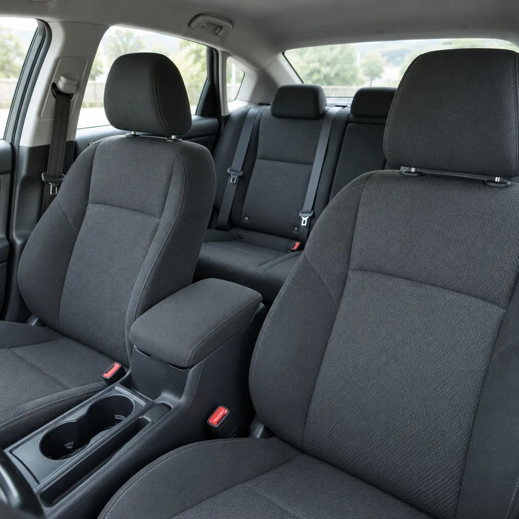 Interno di un’auto con sedili in tessuto grigio scuro