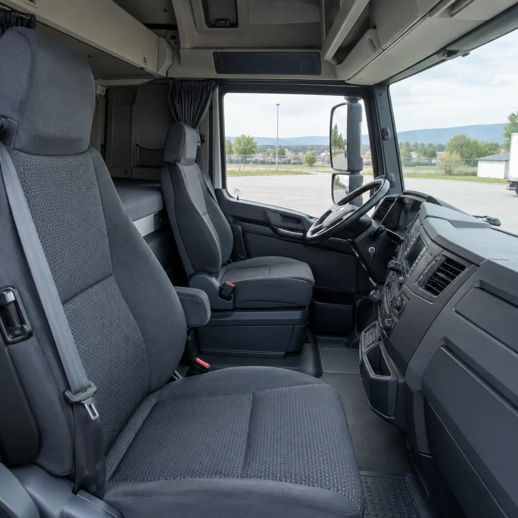 Cabina di un camion con sedili in tessuto grigio e volante